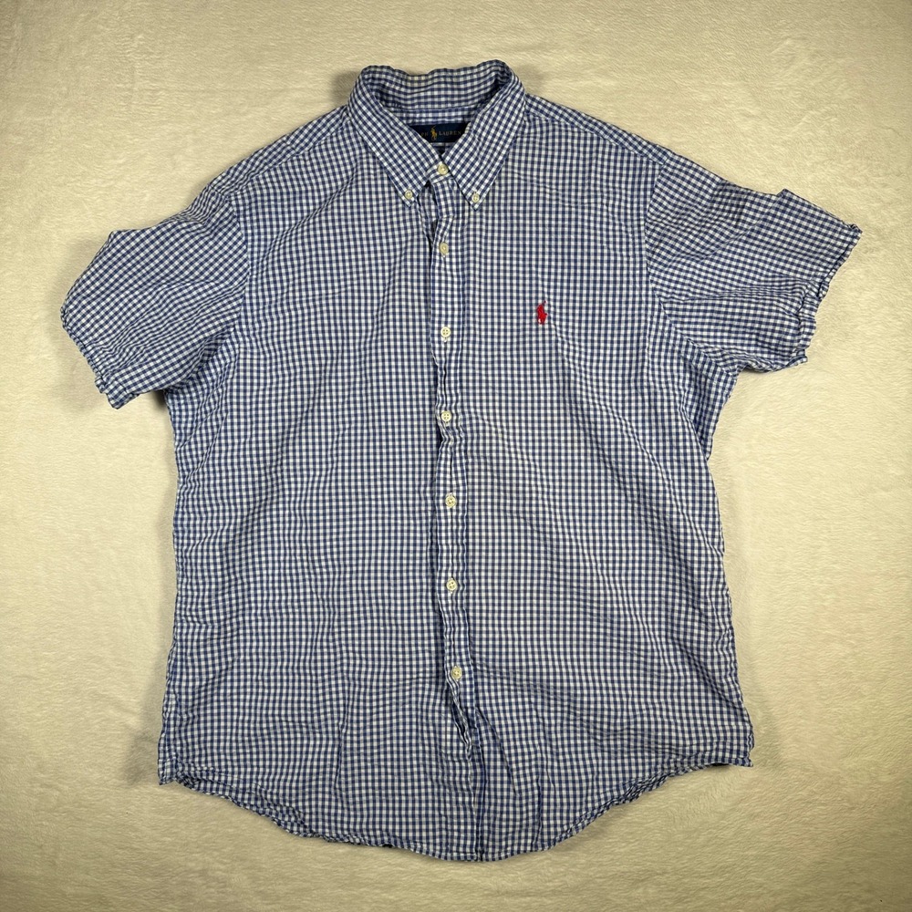 Ralph Lauren‎ Mens Short Sleeve Gingham Button Down Shirt Red Pony Logo XL